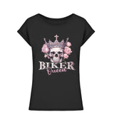 Ein Bikerin T-Shirt für Motorradfahrerinnen von Wingbikers mit dem Aufdruck, Biker Queen - leger geschnitten, in schwarz.