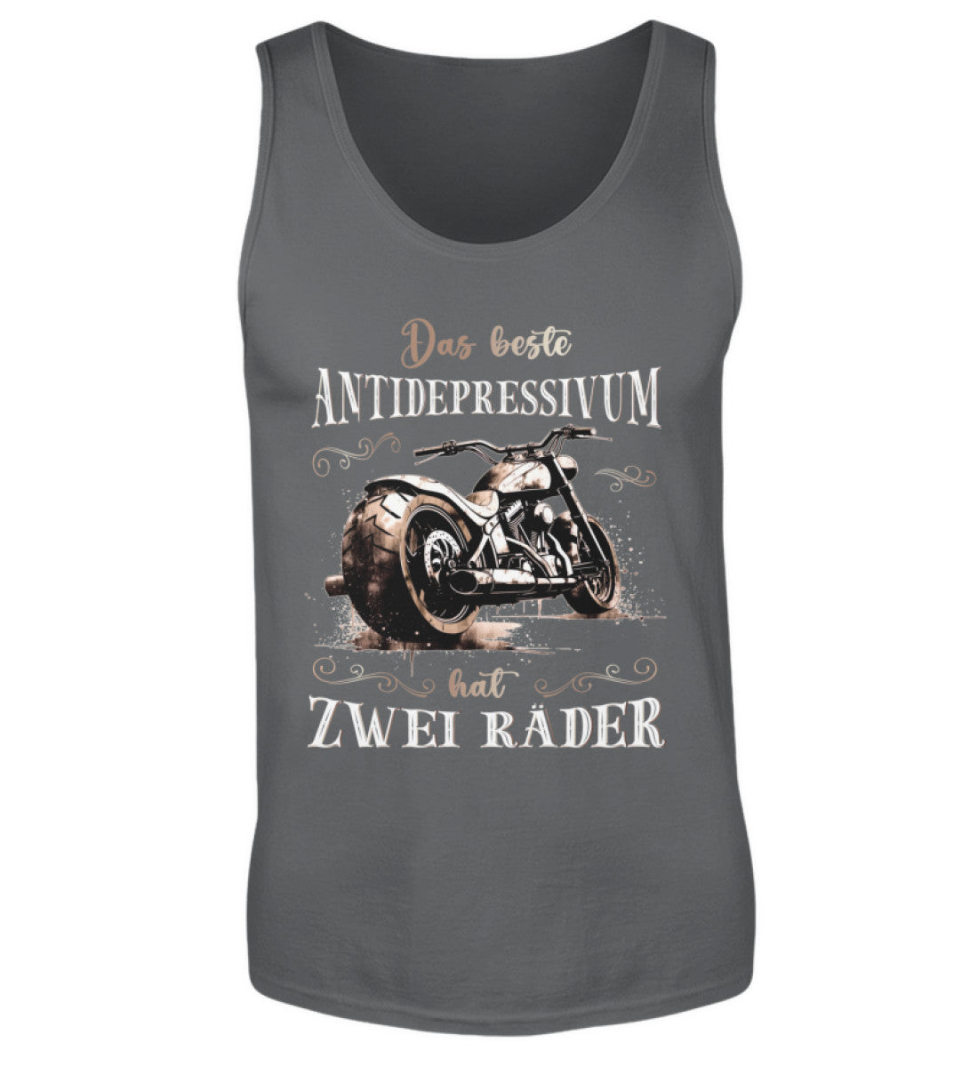 Ein Biker Tanktop für Motorradfahrer von Wingbikers mit dem Aufdruck, Das beste Antidepressivum hat zwei Räder, in dunkelgrau.