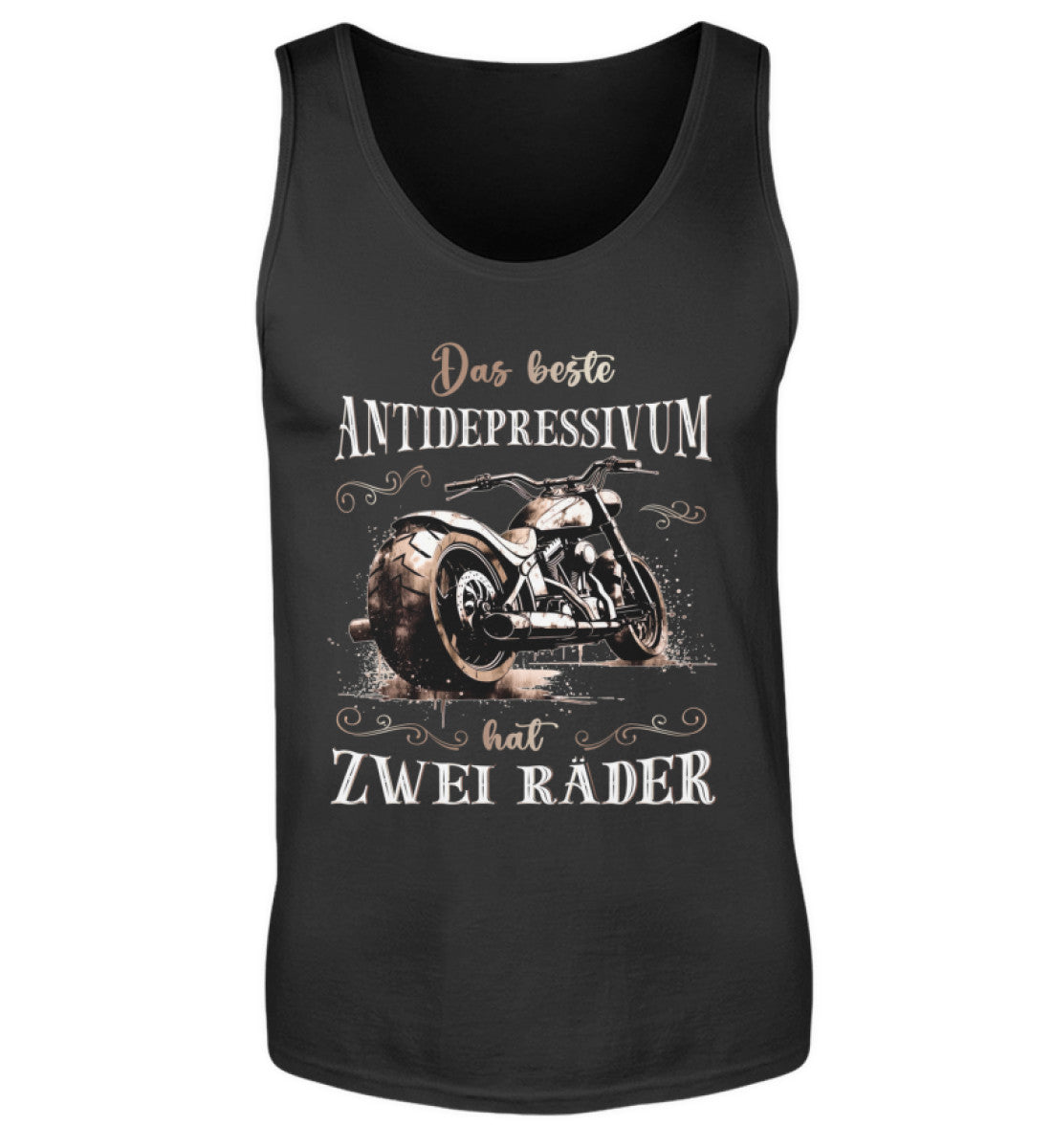 Ein Biker Tanktop für Motorradfahrer von Wingbikers mit dem Aufdruck, Das beste Antidepressivum hat zwei Räder, in schwarz.