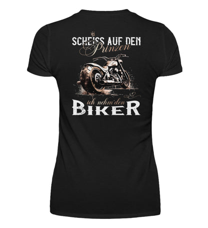 Ein T-Shirt mit V-Ausschnitt für Motorradfahrerinnen von Wingbikers mit dem Aufdruck, Scheiß auf den Prinzen, ich nehm' den Biker, als Backprint in schwarz. 