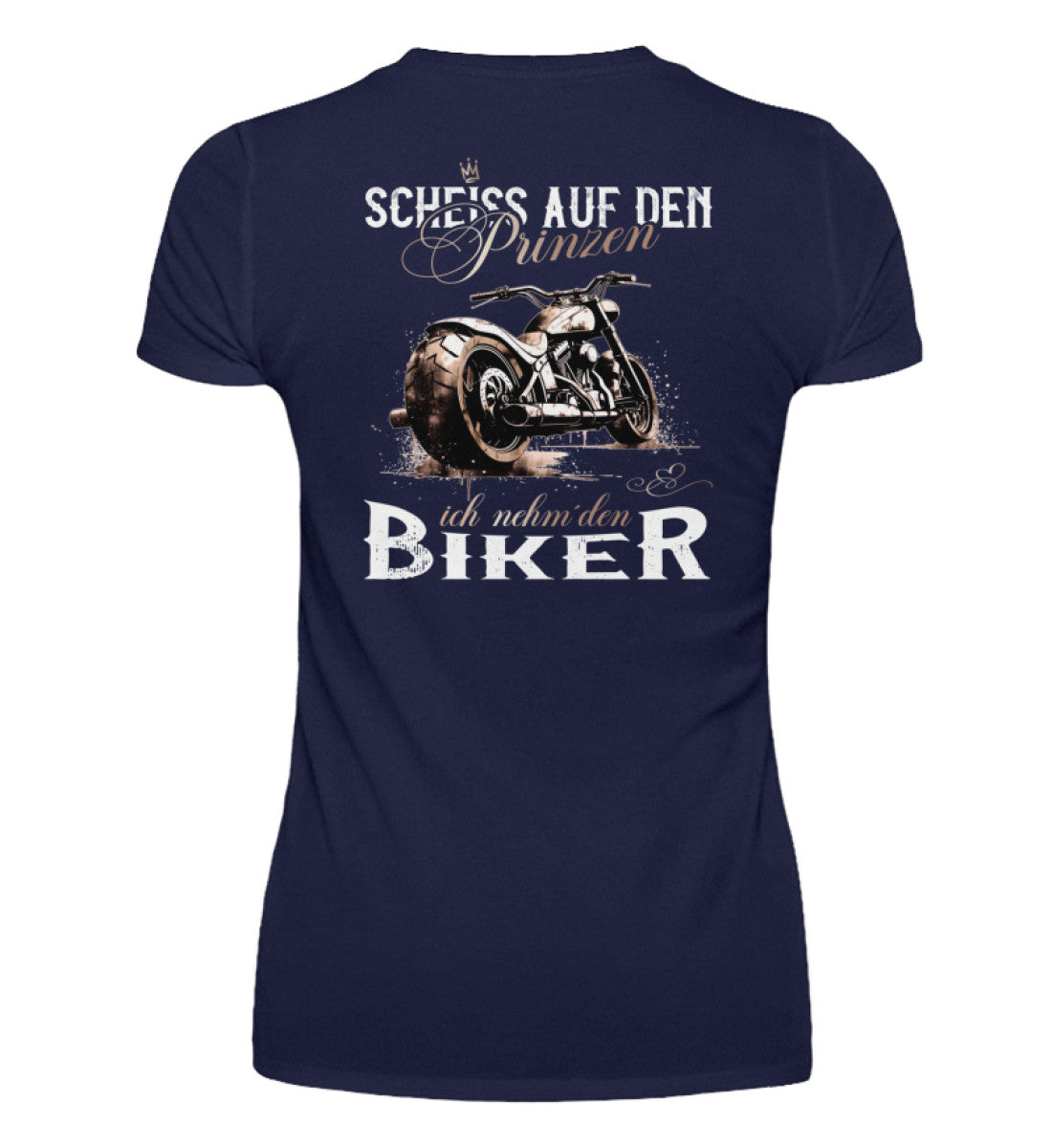 Ein T-Shirt mit V-Ausschnitt für Motorradfahrerinnen von Wingbikers mit dem Aufdruck, Scheiß auf den Prinzen, ich nehm' den Biker, als Backprint in navy blau. 