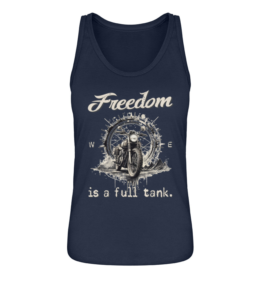 Ein Tanktop für Motorradfahrerinnen von Wingbikers mit dem Aufdruck, Freedom Is A Full Tank - Freiheit ist ein voller Tank - mit einem Retro Vintage klassischem Motorrad, in navy blau.