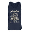 Ein Tanktop für Motorradfahrerinnen von Wingbikers mit dem Aufdruck, Freedom Is A Full Tank - Freiheit ist ein voller Tank - mit einem Retro Vintage klassischem Motorrad, in navy blau.