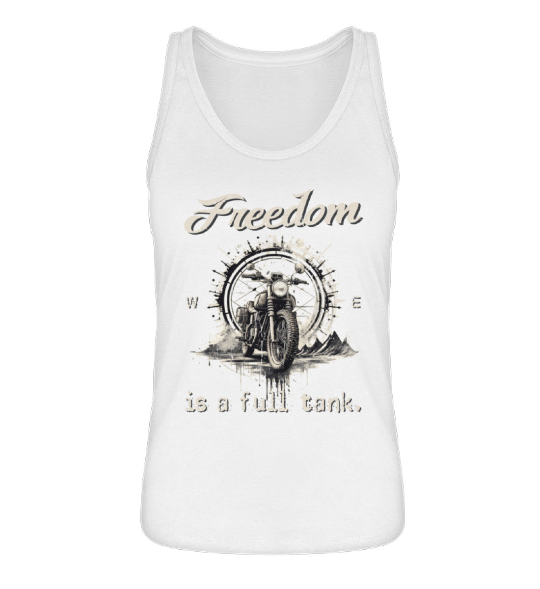 Ein Tanktop für Motorradfahrerinnen von Wingbikers mit dem Aufdruck, Freedom Is A Full Tank - Freiheit ist ein voller Tank - mit einem Retro Vintage klassischem Motorrad, in weiß.