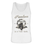 Ein Tanktop für Motorradfahrerinnen von Wingbikers mit dem Aufdruck, Freedom Is A Full Tank - Freiheit ist ein voller Tank - mit einem Retro Vintage klassischem Motorrad, in weiß.