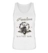 Ein Tanktop für Motorradfahrerinnen von Wingbikers mit dem Aufdruck, Freedom Is A Full Tank - Freiheit ist ein voller Tank - mit einem Retro Vintage klassischem Motorrad, in weiß.