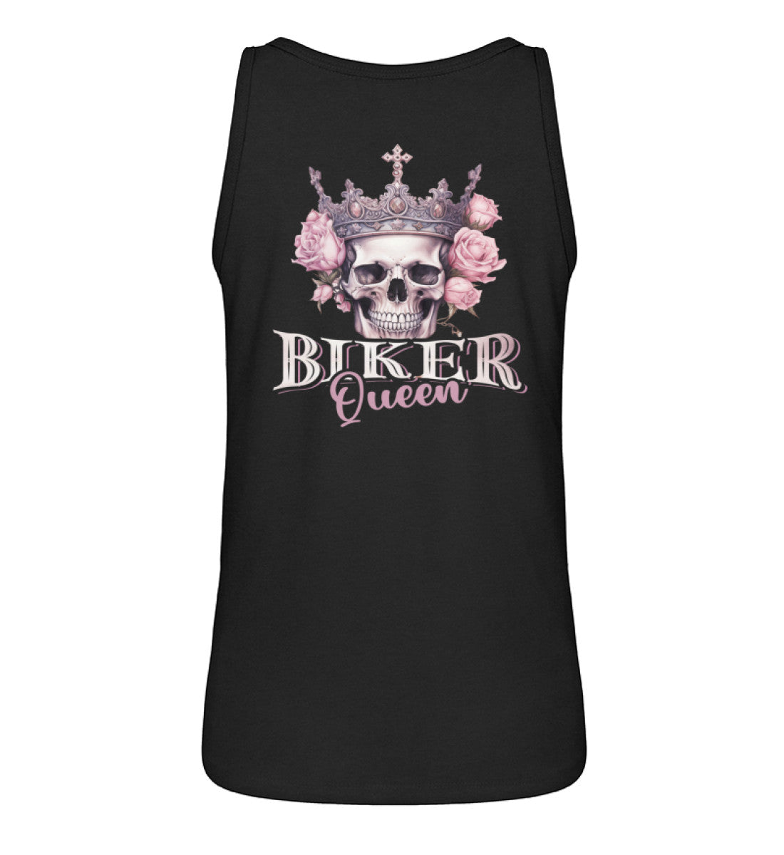 Ein Bikerin Tanktop für Motorradfahrerinnen von Wingbikers mit dem Aufdruck, Biker Queen - mit Backprint, in schwarz.