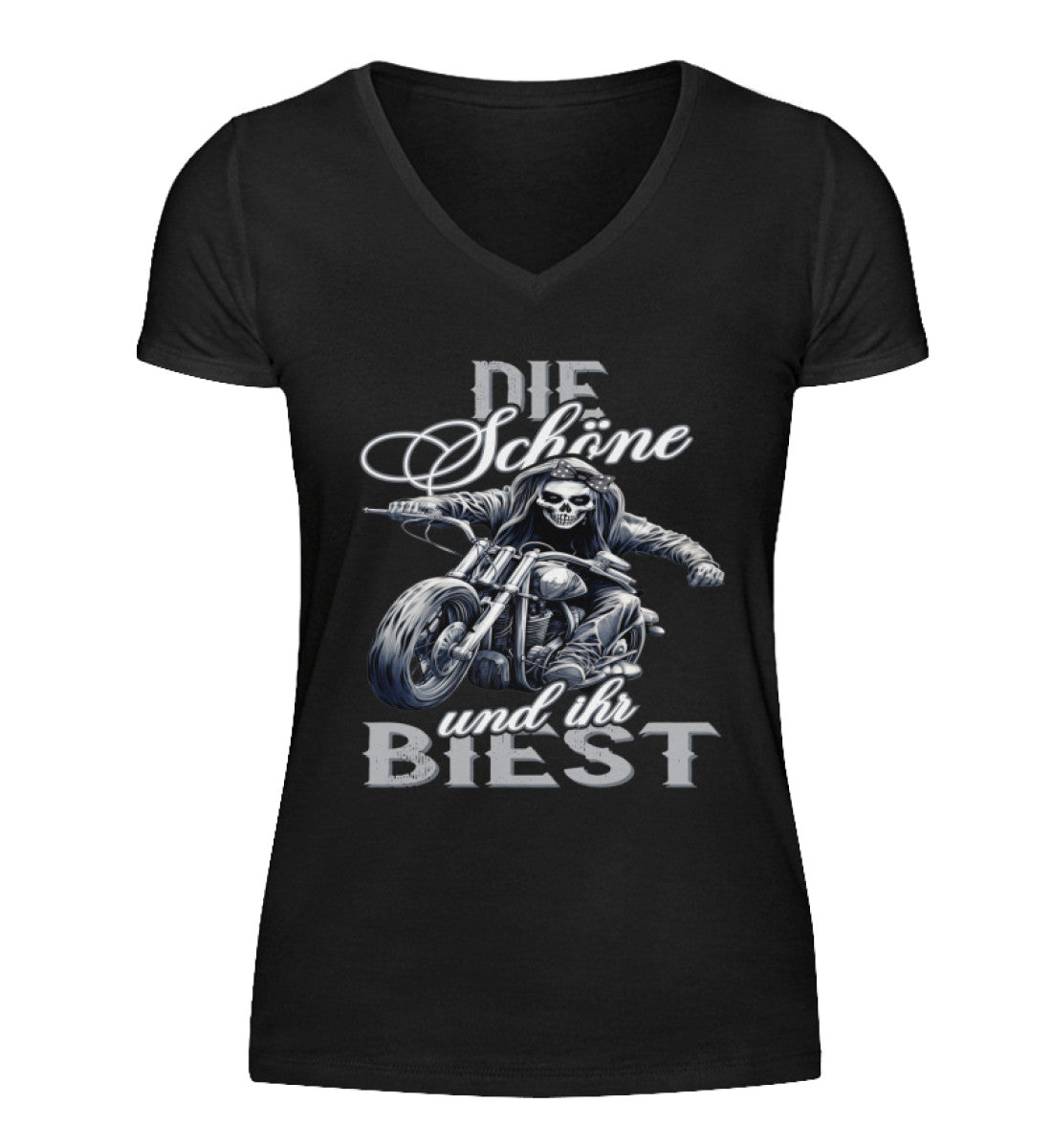 Ein Bikerin T-Shirt mit V-Ausschnitt für Motorradfahrerinnen von Wingbikers mit dem Aufdruck, Die Schöne und ihr Biest - in schwarz.