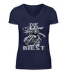 Ein Bikerin T-Shirt mit V-Ausschnitt für Motorradfahrerinnen von Wingbikers mit dem Aufdruck, Die Schöne und ihr Biest - in navy blau.