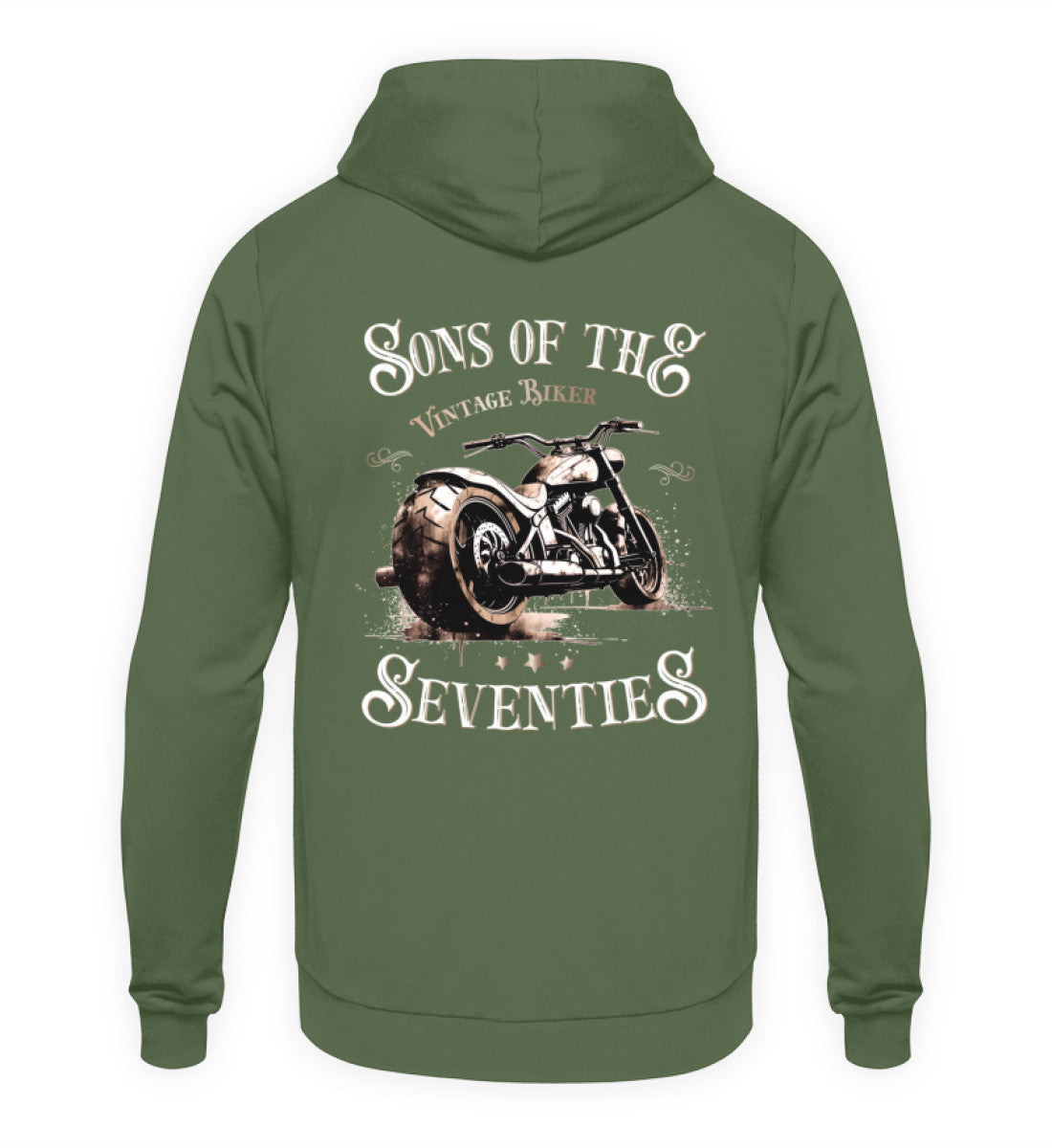 Ein Hoodie für Motorradfahrer von Wingbikers mit dem Aufdruck, Sons of the Seventies - Vintage Biker, als Back Print, in erdgrün.