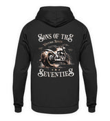 Ein Hoodie für Motorradfahrer von Wingbikers mit dem Aufdruck, Sons of the Seventies - Vintage Biker, als Back Print, in schwarz.