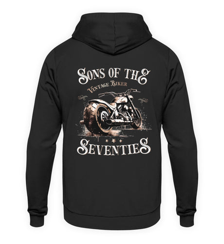 Ein Hoodie für Motorradfahrer von Wingbikers mit dem Aufdruck, Sons of the Seventies - Vintage Biker, als Back Print, in schwarz.