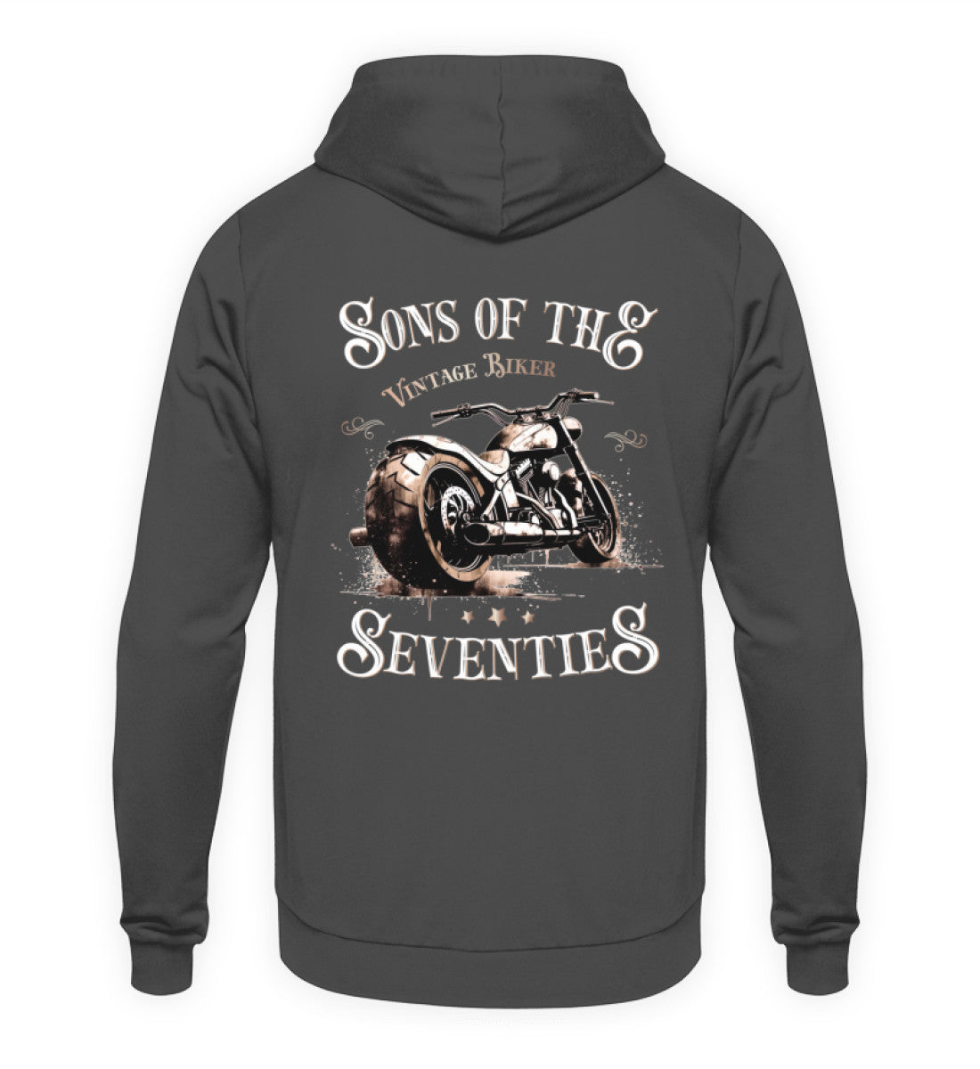 Ein Hoodie für Motorradfahrer von Wingbikers mit dem Aufdruck, Sons of the Seventies - Vintage Biker, als Back Print, in dunkelgrau.