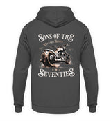 Ein Hoodie für Motorradfahrer von Wingbikers mit dem Aufdruck, Sons of the Seventies - Vintage Biker, als Back Print, in dunkelgrau.