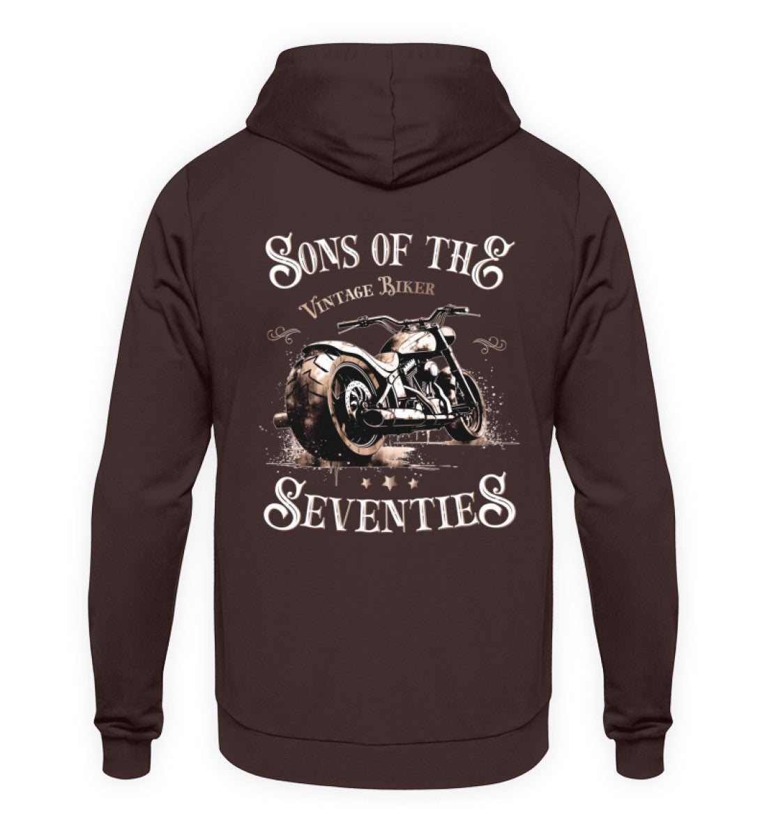 Ein Hoodie für Motorradfahrer von Wingbikers mit dem Aufdruck, Sons of the Seventies - Vintage Biker, als Back Print, in braun.