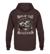 Ein Hoodie für Motorradfahrer von Wingbikers mit dem Aufdruck, Sons of the Seventies - Vintage Biker, als Back Print, in braun.