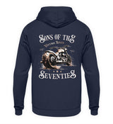 Ein Hoodie für Motorradfahrer von Wingbikers mit dem Aufdruck, Sons of the Seventies - Vintage Biker, als Back Print, in navy blau.