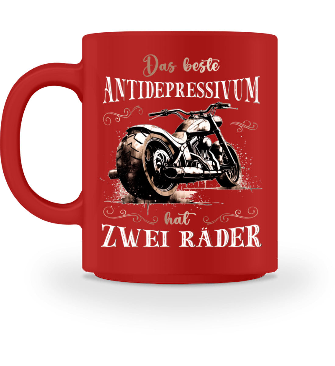 Eine Tasse für Motorradfahrer von Wingbikers, mit dem beidseitigen Aufdruck, Das beste Antidepressivum hat zwei Räder, in rot.