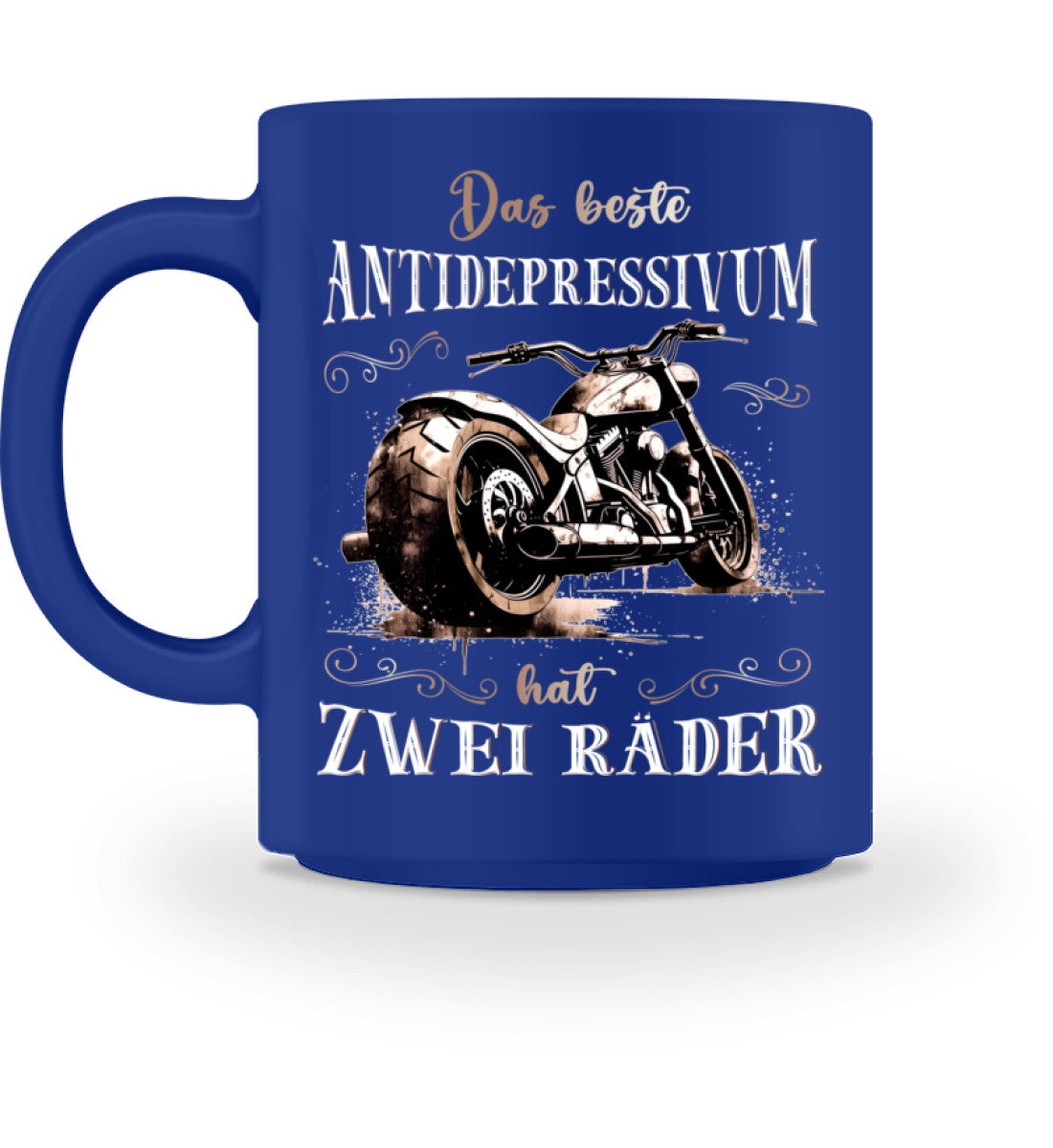 Eine Tasse für Motorradfahrer von Wingbikers, mit dem beidseitigen Aufdruck, Das beste Antidepressivum hat zwei Räder, in royal blau.