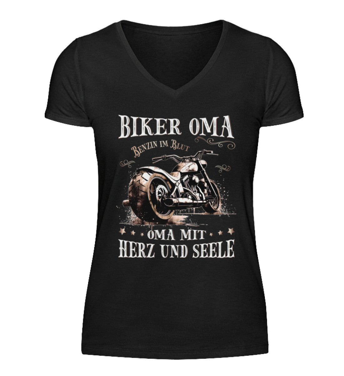 Ein T-Shirt mit V-Ausschnitt für Motorradfahrerinnen von Wingbikers mit dem Aufdruck, Biker Oma - Benzin im Blut - Oma mit Herz und Seele, in schwarz.