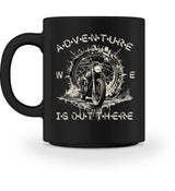 Eine Tasse für Motorradfahrer von Wingbikers, mit dem beidseitigen Aufdruck, Adventure Is Out There, in schwarz.