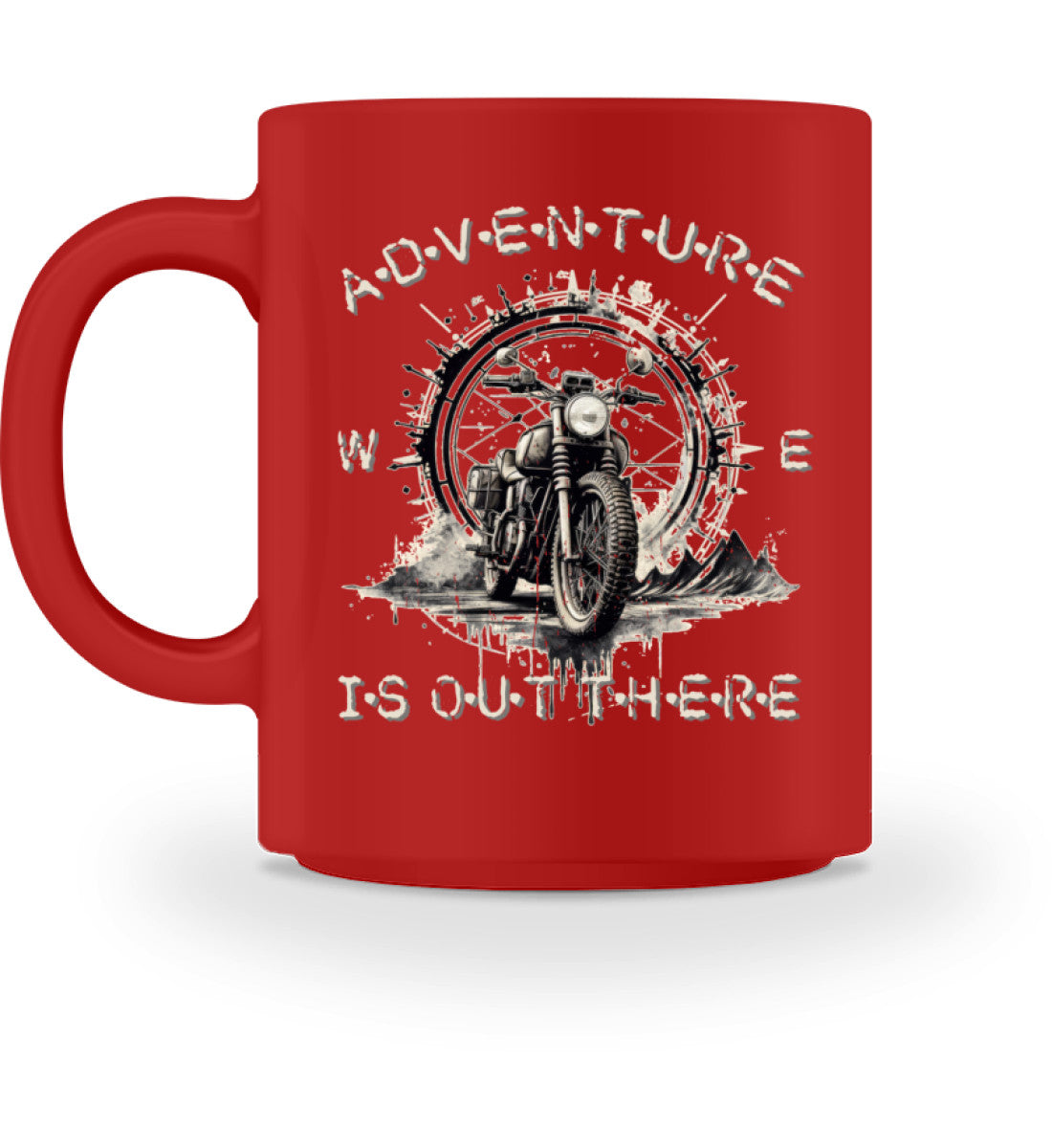 Eine Tasse für Motorradfahrer von Wingbikers, mit dem beidseitigen Aufdruck, Adventure Is Out There, in rot.