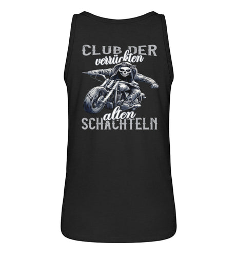 Ein Bikerin Tanktop für Motorradfahrerinnen von Wingbikers mit dem Aufdruck, Club der verrückten alten Schachteln - mit Back Print, in schwarz.