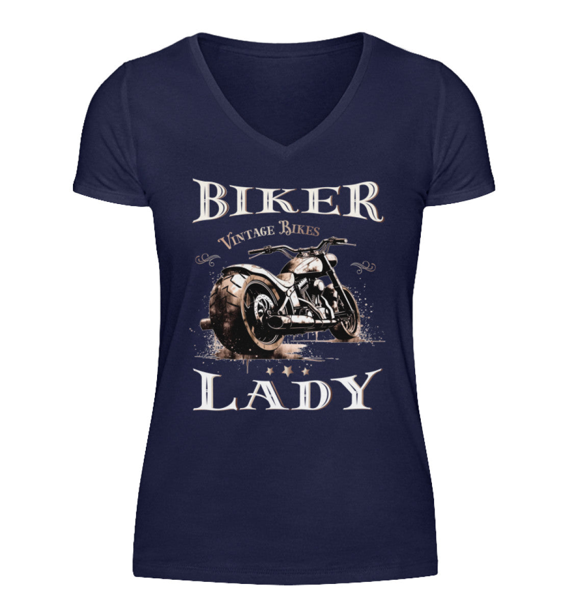 Ein T-Shirt mit V-Ausschnitt für Motorradfahrerinnen von Wingbikers mit dem Aufdruck, Biker Lady - mit einer Chopper im vintage Stil, in navy blau.