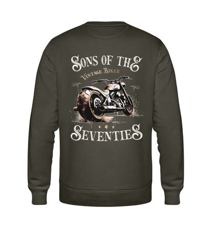 Ein Sweatshirt für Motorradfahrer von Wingbikers mit dem Aufdruck, Sons of the Seventies - Vintage Biker, als Back Print, in khaki grün.