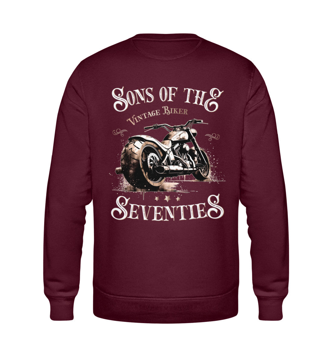 Ein Sweatshirt für Motorradfahrer von Wingbikers mit dem Aufdruck, Sons of the Seventies - Vintage Biker, als Back Print, in burgunder weinrot.
