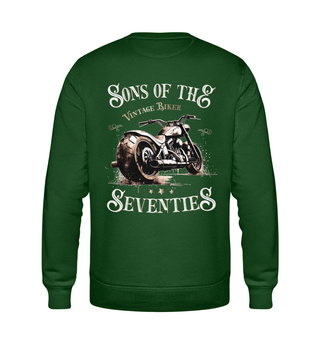 Ein Sweatshirt für Motorradfahrer von Wingbikers mit dem Aufdruck, Sons of the Seventies - Vintage Biker, als Back Print, in dunkegrün.