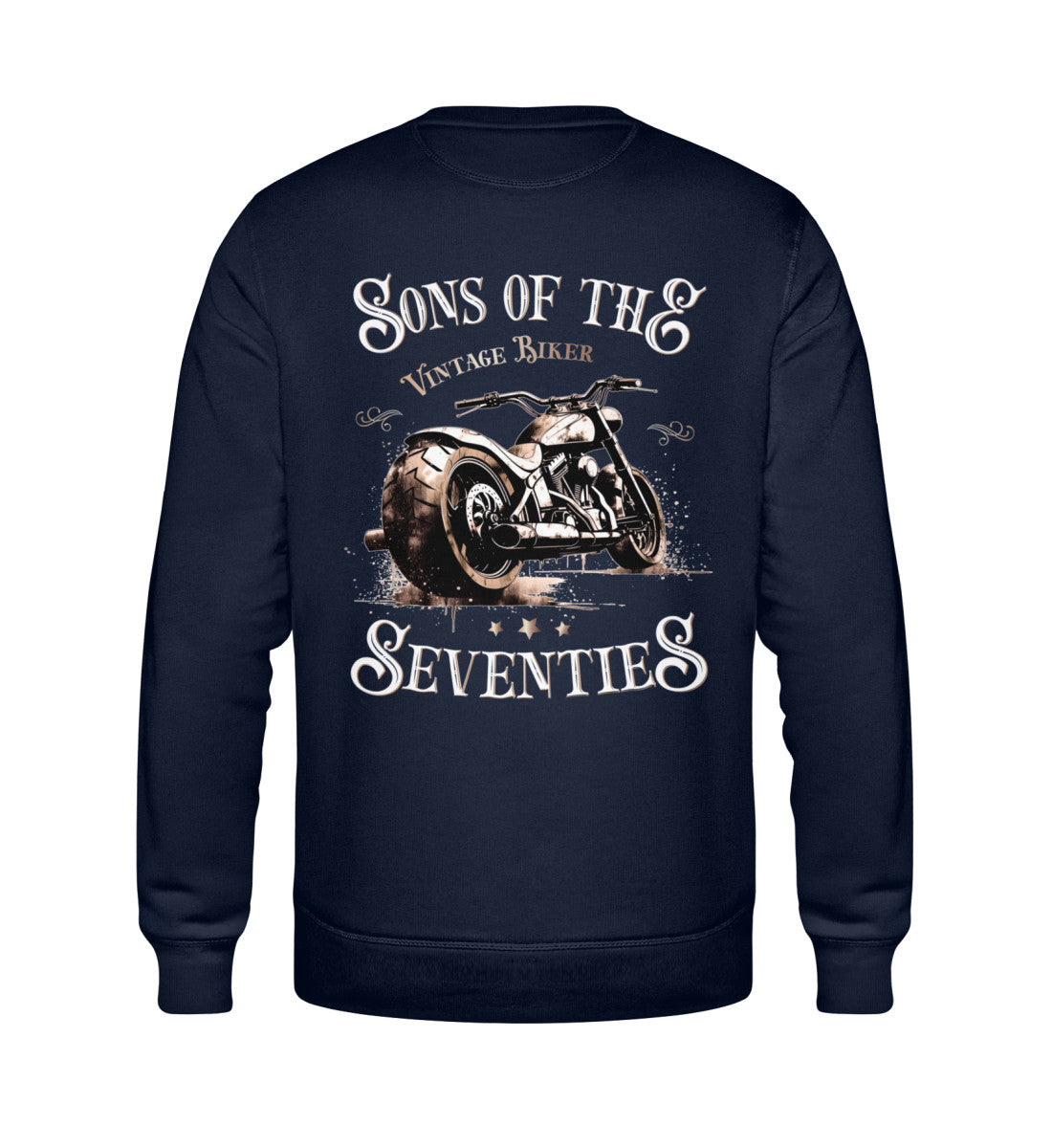 Ein Sweatshirt für Motorradfahrer von Wingbikers mit dem Aufdruck, Sons of the Seventies - Vintage Biker, als Back Print, in navy blau.