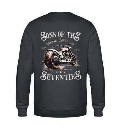 Ein Sweatshirt für Motorradfahrer von Wingbikers mit dem Aufdruck, Sons of the Seventies - Vintage Biker, als Back Print, in dunkelgrau.