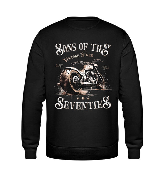 Ein Sweatshirt für Motorradfahrer von Wingbikers mit dem Aufdruck,  Sons of the Seventies - Vintage Biker, als Back Print, in schwarz.