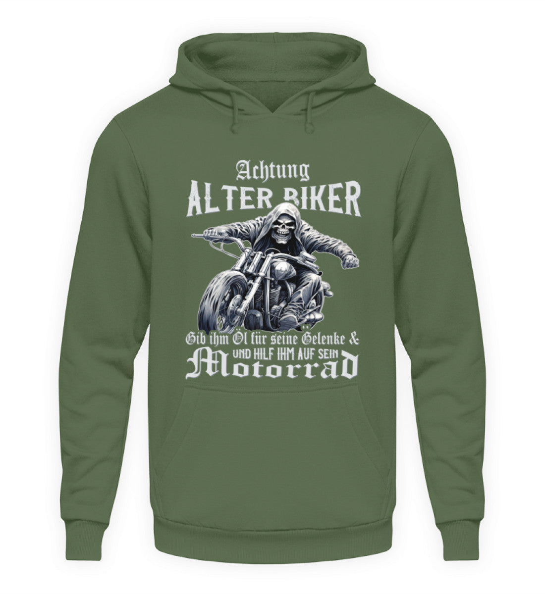 Ein Biker Hoodie für Motorradfahrer von Wingbikers mit dem Aufdruck, Achtung alter Biker - Gib ihm Öl und hilf ihm auf sein Motorrad - in erdgrün.