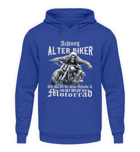 Ein Biker Hoodie für Motorradfahrer von Wingbikers mit dem Aufdruck, Achtung alter Biker - Gib ihm Öl und hilf ihm auf sein Motorrad - in royal blau.