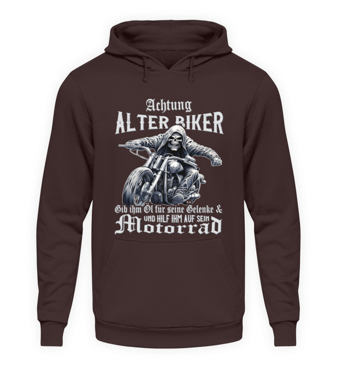 Ein Biker Hoodie für Motorradfahrer von Wingbikers mit dem Aufdruck, Achtung alter Biker - Gib ihm Öl und hilf ihm auf sein Motorrad - in braun.