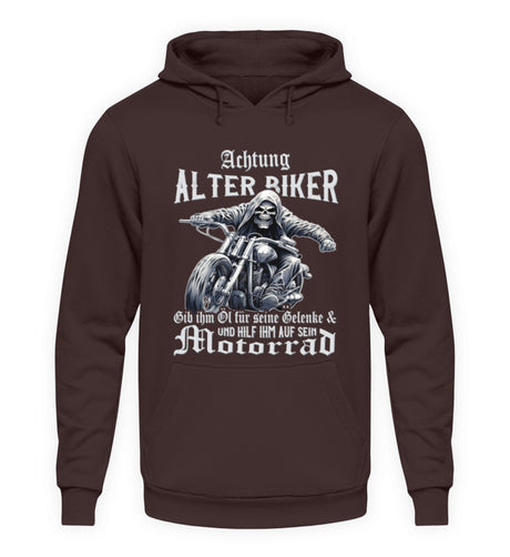 Ein Biker Hoodie für Motorradfahrer von Wingbikers mit dem Aufdruck, Achtung alter Biker - Gib ihm Öl und hilf ihm auf sein Motorrad - in braun.