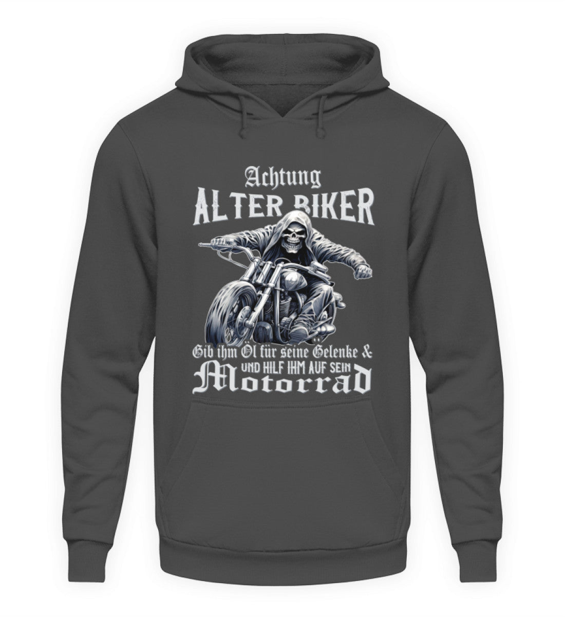 Ein Biker Hoodie für Motorradfahrer von Wingbikers mit dem Aufdruck, Achtung alter Biker - Gib ihm Öl und hilf ihm auf sein Motorrad - in dunkelgrau.