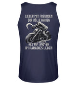 Ein Biker Tanktop von Wingbikers mit dem Aufdruck, Lieber mit Freunden zur Hölle fahren, als mit Idioten im Paradies leben - als Back Print, in navy blau.