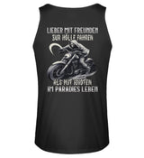 Ein Biker Tanktop von Wingbikers mit dem Aufdruck, Lieber mit Freunden zur Hölle fahren, als mit Idioten im Paradies leben - als Back Print, in schwarz.