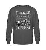 Ein Triker Sweatshirt für Trikefahrer von Wingbikers mit dem Aufdruck, Triker werden nicht grau - Das ist Chrom, in dunkelgrau.