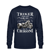 Ein Triker Sweatshirt für Trikefahrer von Wingbikers mit dem Aufdruck, Triker werden nicht grau - Das ist Chrom, in navy blau.