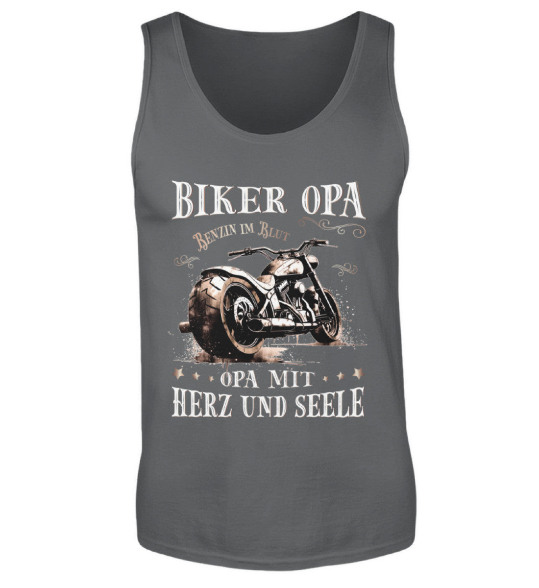 Ein Biker Tanktop für Motorradfahrer von Wingbikers mit dem Aufdruck, Biker Opa - Benzin im Blut - Opa mit Herz und Seele, in dunkelgrau.
