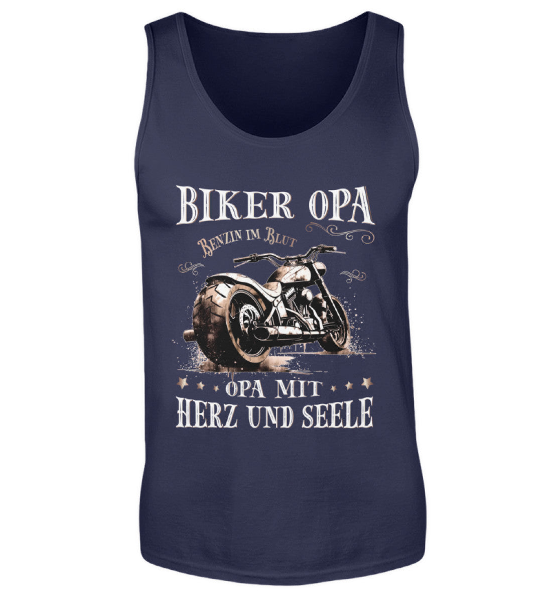 Ein Biker Tanktop für Motorradfahrer von Wingbikers mit dem Aufdruck, Biker Opa - Benzin im Blut - Opa mit Herz und Seele, in navy blau.