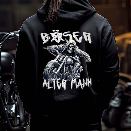 Ein Biker mit einem Hoodie für Motorradfahrer von Wingbikers für Motorradfahrer mit dem Aufdruck, Böser alter Mann - mit Back Print, in schwarz.