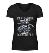 Ein Bikerin T-Shirt mit V-Ausschnitt für Motorradfahrerinnen von Wingbikers mit dem Aufdruck, Club der verrückten alten Schachteln - in schwarz.