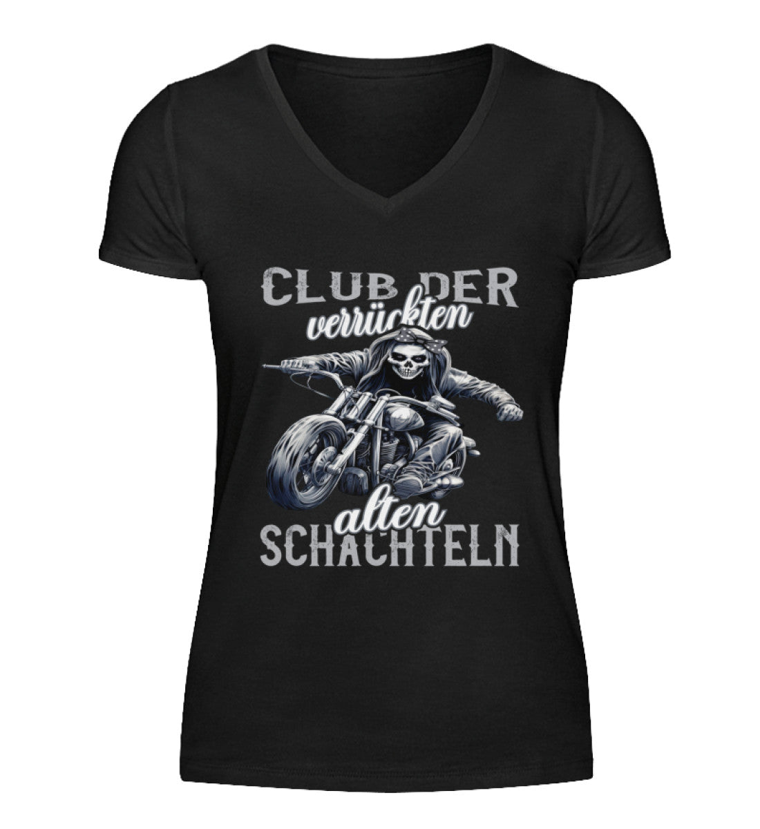 Ein Bikerin T-Shirt mit V-Ausschnitt für Motorradfahrerinnen von Wingbikers mit dem Aufdruck, Club der verrückten alten Schachteln - in schwarz.